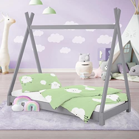 ML-Design Kinderbett Tipi 80x160 cm mit Lattenrost, Hellgrau, Kiefernholz, Indianer Bett aus Massivholz, Hausbett für Mädchen und Jungen, Kinderhaus Jugendbett Holzbett Bettenhaus Spielbett Zelt Holz