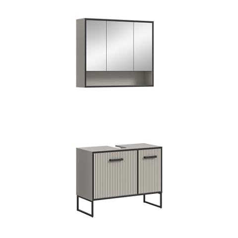 xonox.home Badezimmer Bagno 2tlg. Kombination Badmöbel Set kleine Bäder Komplettprogramm Bademöbel-Set in Kaschmir beige Nb. Absetzung schwarz Nb.