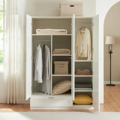 [en.casa] Kleiderschrank Finning 3-türig 176 x 120 x 52 cm Garderobenschrank mit 2 Kleiderstangen, 7 Fächern und 1 Schublade Weiß