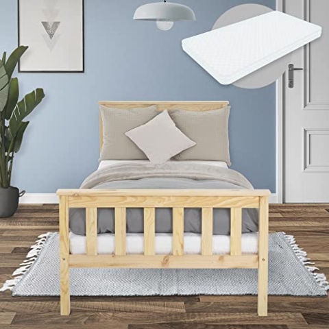 ML-Design Holzbett 90x200 cm Natur mit Matratze H:16cm, Kiefernholz, Massivholz Bettgestell mit Lattenrost & Füße, Einzelbett mit Kopf- und Fußteil, Bett für Kinder & Erwachsene, Kinderbett Jugendbett