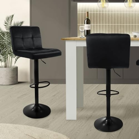 ML-Design Barhocker 2er Set, Bezug aus Samt, Schwarz, Gepolsterter Barstuhl mit Rückenlehne und Fußstütze, Tresenhocker höhenverstellbar 63-83cm, 360° drehbar, Bistrohocker Hocker Drehstuhl Barstühle