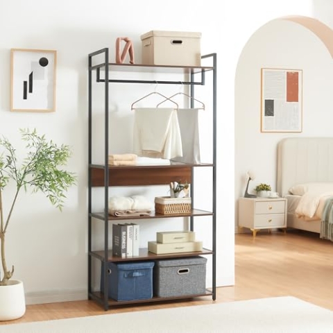 [en.casa] Garderobenständer Larem Kleiderständer mit Metallgestell 180 x 84 x 40 cm offener Kleiderschrank mit Kleiderstange Standgarderobe Flurgarderobe mit 5 Ablagen Walnussoptik