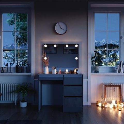 Vicco Schminktisch Sherry, Grau Hochglanz, 90 cm mit LED Beleuchtung und Hocker