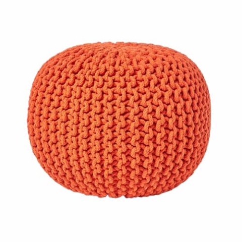 Homescapes Pouf Strickpouf rundes Bodenkissen, Sitzpouf 35 x 40 cm, gepolsterter Sitzhocker, Sitzpuff/Puff mit grob gestricktem Bezug aus 100% Baumwolle, Strickpuff, orange