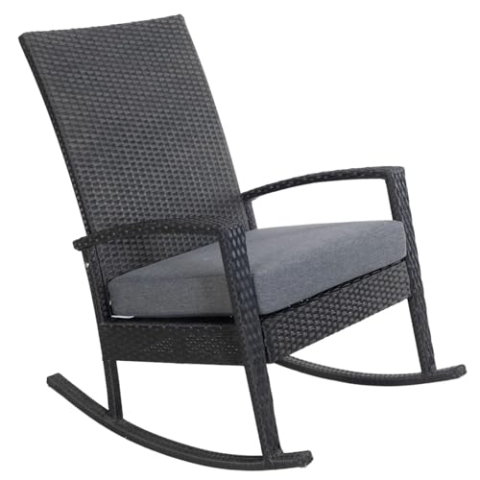 Ogarden Rocking Chair, Garten schaukelstuhl wetterfest, Poly Rattan Outdoor Schaukelstuhl, Schaukelsessel mit Kissen, für Garten, Terrasse, Balkon, Gartenstuhl (Hellbraun - Graues Kissen)