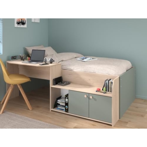 Vente-unique-Kombibett + Lattenrost - 90 x 190/200 cm - Holzfarben & Grün - MIVONA
