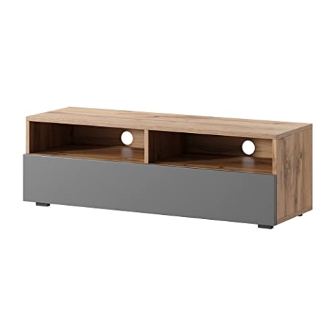 Selsey REDNAW - TV-Schrank/modernes TV-Board für Wohnzimmer, stehend/hängend, 100 cm breit (Wotan Eiche Matt/Grau Hochglanz ohne LED)