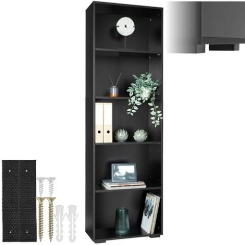 tectake® Bücherregal, Regal Holz, Standregal mit 5 offenen Fächern für Bücher, CD Regal, als Wohnwand Wohnzimmer, Home Office oder Büro, als Regal Küche oder Kinderregal - schwarz