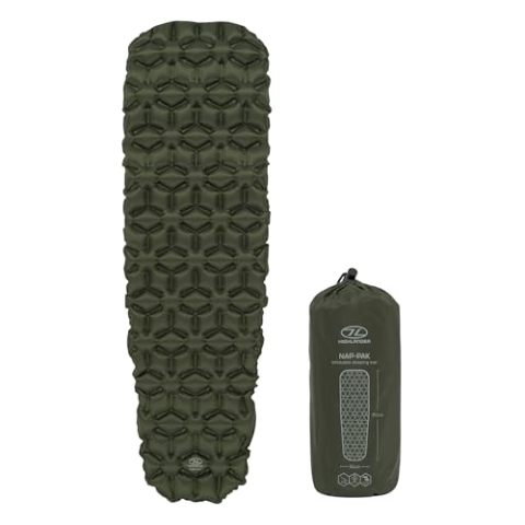 Highlander NAP-PAK Isomatte aufblasbar Ultraleicht unter 500g – kompakt & robust mit kleinem Packmaß für Camping, Trekking, Bushcraft, Militär, Outdoor, Biwak, Taktische Einsätze