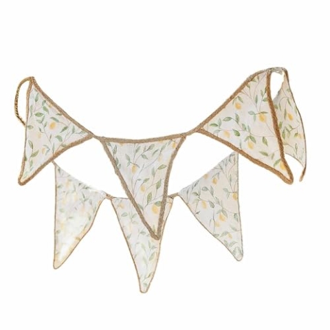 Loberon Wimpelgirlande Aelindria, Fröhliches Zitronenmotiv, Spielerisches Flair, für Feste, Gartenpartys und mehr, Dekoration, Leinen, Jute, Creme/gelb