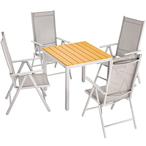 Casaria® Gartenmöbel Set 4 Stühle mit WPC Tisch 80x80cm Aluminium Sicherheitsglas Wetterfest Klappbar Modern Terrasse Balkon Möbel Sitzgruppe Garnitur Bern