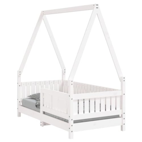 vidaXL Kinderbett, Kinder Bettgestell mit robusten Latten, Hausbett für Kleinkinder ab 4 Jahren, Einzelbett Kinder Jugendbett Holzbett, Weiß 70x140 cm Massivholz Kiefer
