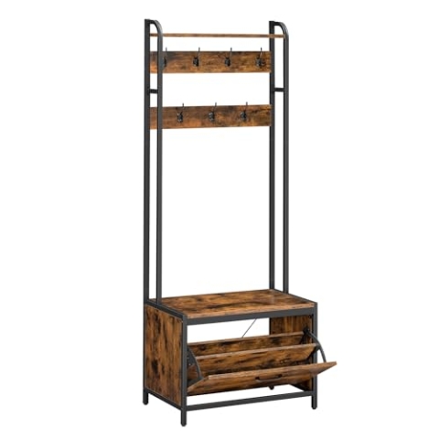VASAGLE Garderobenständer mit Schuhschrank, Garderobe mit Sitzbank, Kleiderständer, Schuhkipper, 7 Haken, obere Ablage, für Flur, Schlafzimmer, Industrie-Design, vintagebraun-schwarz HSR425B01