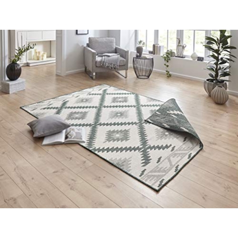 NORTHRUGS In- und Outdoor Teppich Malibu 120x170cm - Wendeteppich Wetterfest Modern Geometrisches Muster Läufer für Balkon Terrasse Garten Wintergarten Wohnzimmerteppich Wasserfest in Grün Creme