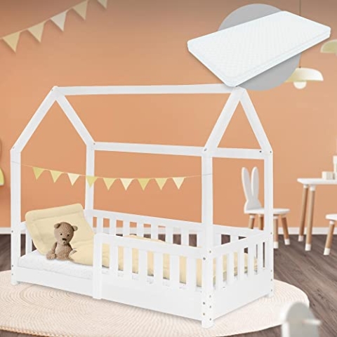 ML-Design Kinderbett 70x140 cm Weiß mit Matratze, Rausfallschutz, Dach und Lattenrost, Massivholz Spielbett, Hausbett für Mädchen/Jungen, Bettenhaus aus Kiefernholz, Jugendbett Kinderhaus Holzbett
