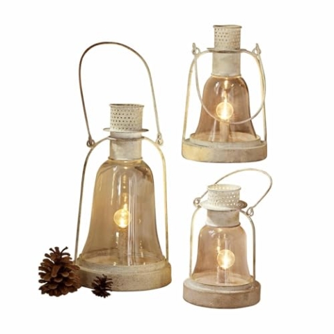 Loberon LED-Laterne 3er Set Fitou, DREI Größen, stimmungsvolle Nostalgie, inkl. Leuchtmittel, Antik-Finish, Wohn-Accessoires, Windlichter, Eisen, Glas, antikweiß