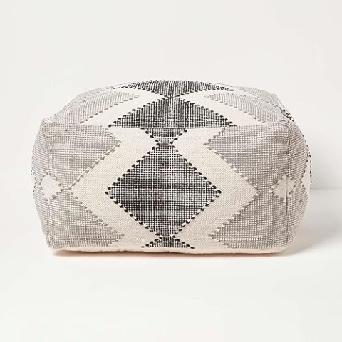 Homescapes Pouf Malmö Creme-schwarz-grau mit Ethno-Muster 55x30 cm, Sitzsack quadratisch, Sitzquader Bodenkissen Baumwolle