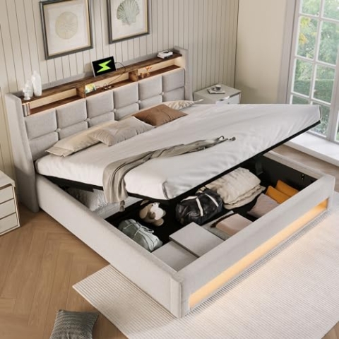 OKYION Boxspringbetten Polsterbett 180x200cm, Doppelbett Hydraulisches Bettkasten mit LED-Erleuchtung und USB(Ohne Matratze),Beige