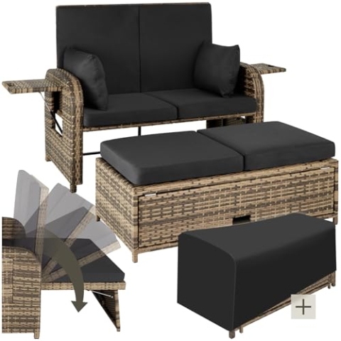 tectake® Poly Rattan Geflecht Lounge Set mit Hocker, Polsteraufbewahrung, 2er Sofa, Couch mit Verstellbarer Rückenlehne, wetterfest, Möbel für Balkon, Garten, Terrasse, Schutzhülle - Natur