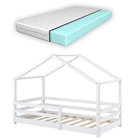 [en.casa] Kinderbett Knätten mit Matratze und Rausfallschutz 80x160cm Hausbett mit Kaltschaummatratze Bettenhaus mit Lattenrost Kiefernholz Kleinkindbett Weiß