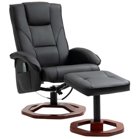 HOMCOM Relaxsessel Massagesessel mit Hocker Fernsehsessel mit Liegefunktion 360° drehbar mit Seitentasche Kunstleder 73 x 83 x 106cm Schwarz