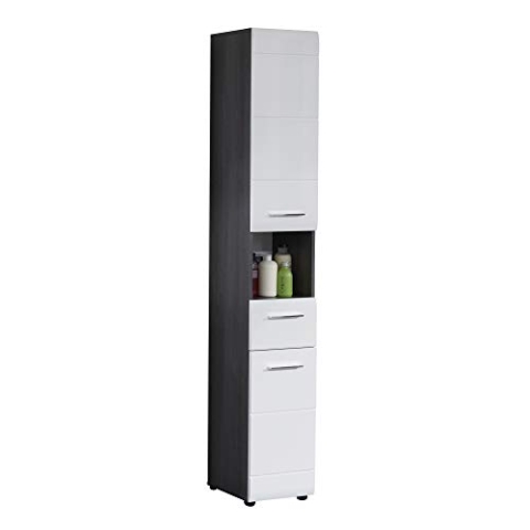 trendteam smart living - Hochschrank Schrank - Badezimmer - Line - Aufbaumaß (BxHxT) 30 x 182 x 31 cm - Farbe Sardegna Rauchsilber mit Weiß Hochglanz - 189810303