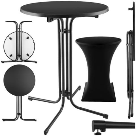 tectake® Gastro Stehtisch klappbar, Bistrotisch mit Husse, Tisch Ø80cm, Stehtisch mit MDF-Tischplatte, Gartentisch klappbar, Klapptisch, rund, Stahlgestell, stabil und robust - schwarz