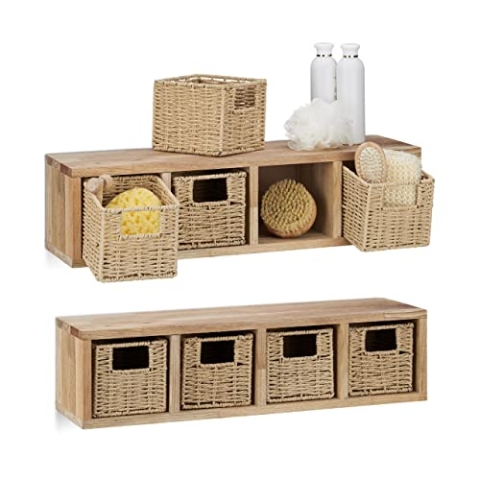 2 x Wandregal Walnuss groß im Set, Regalsystem, je 4 Körbe herausnehmbar, insgesamt 8 Fächer, für Bad, Küche oder Wohnzimmer, Natur