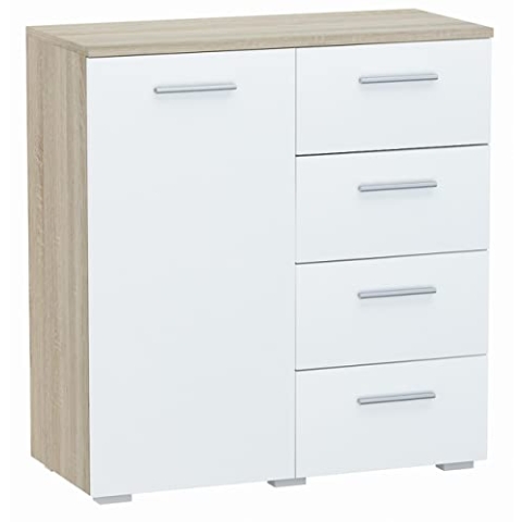 MATKAM Kommode Helena B80 x H84,5 x T35 cm, Sideboard mit 4 Schubladen und 1 Fächer mit Türen, ideal für Büro, Diele, Wohnzimmer, Jugend- oder Kinderzimmer (Sonoma Eiche – Front in weiß)