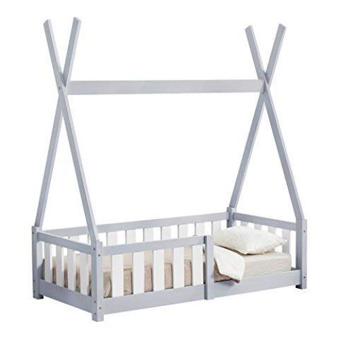 [en.casa] Kinderbett Helsingborg 70 x 140 cm mit Rausfallschutz Lattenrost Tipi Zelt Jugendbett Bettgestell Kiefernholz Holzbett für Kinder Hellgrau