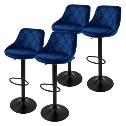 ML-Design Barhocker 4er Set, Bezug aus Samt, Blau, Gepolsterter Barstuhl mit Rückenlehne und Fußstütze, Tresenhocker höhenverstellbar 62-82 cm, 360° drehbar, Bistrohocker Hocker Drehstuhl Barstühle