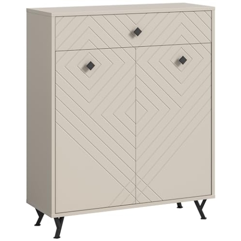 xonox.home Garderobe Notes Schuhkommode Schuhschrank Kommode Highboard Stauraumschrank Front sandbeige melamin Korpus sandbeige matt MDF Tiefzieh, ca. 80x100x35 cm