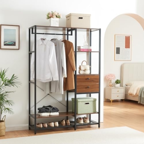 [en.casa] Garderobenständer Larem Kleiderständer mit Metallgestell 180 x 120 x 40 cm offener Kleiderschrank Standgarderobe Flurgarderobe mit Ablagen Kleiderregal Walnussoptik