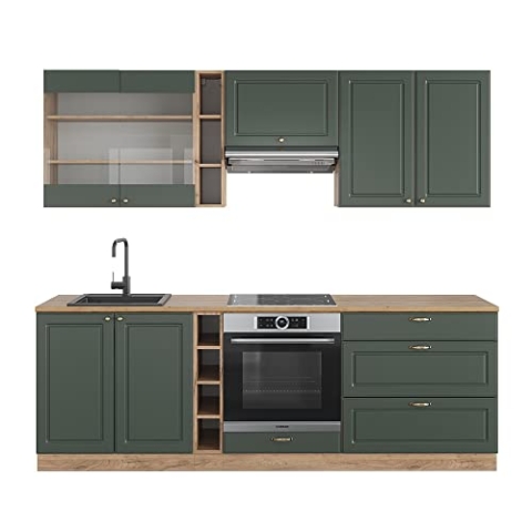 Vicco Küchenzeile Fame-Line, Grün-Gold Landhaus/Goldkraft Eiche, 235 cm ohne Arbeitsplatte