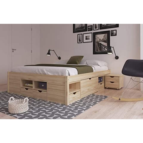 Inter Link - Funktionsbett - Bett mit Schubladen - Doppelbett 160 x 200 cm - 2 Große und 4 kleine Schubladen - Nachtkommode - Kiefer massivholz - Inkl Lattenrost - Natur lackiert - Claas