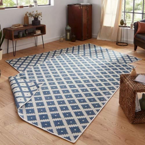 NORTHRUGS In- und Outdoor Teppich Nizza 120x170cm - Wendeteppich Wetterfest Modernes Geometrisches Muster für Balkon Terrasse Garten Wintergarten Küche Wohnzimmerteppich Wasserfest in Blau Creme