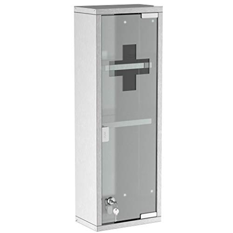 kleankin Medizinschrank aus Edelstahl und gehärtete Glastür Arzneischrank zur Medikamenten-Aufbewahrung, Abschließbar Medikamentenschrank mit 3 Fächern, Erste Hilfe Schrank, 20 x 12 x 58 cm, Silber