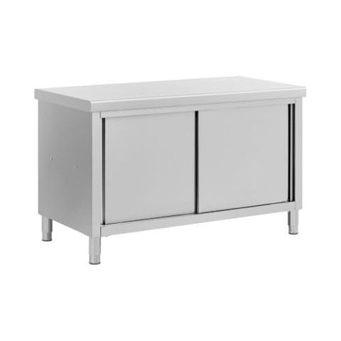 Royal Catering Edelstahl-Arbeitsschrank mit Durchreiche 140 x 70 cm 1 Einlegeboden 500 kg max. Tragkraft verstärkte Oberfläche höhenverstellbare Füße Durchreicheschrank Edelstahlschrank Gastro