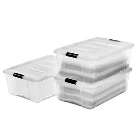 Iris Ohyama Aufbewahrungsboxen mit Deckel, 30L, 3er-Set, Transparent, Sicherer Verschluss, Stapelbar, Griffe, Schlafzimmer, Schrank, Büro, Organisation, BPA-freies Plastik, Ordnungsboxen, DDNTB-30