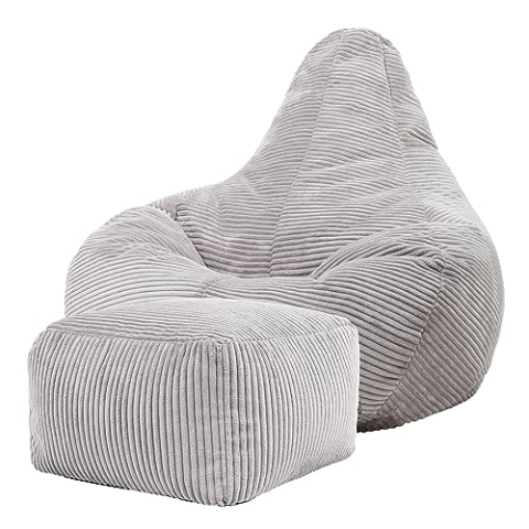 Icon Dalton Sitzsack mit Hocker Cord, Grau, Gaming Sitzsack Erwachsene mit Füllung, Bean Bag, Cord Sessel, Lounge Sessel, Lounge Stuhl, Schlafzimmer, Wohnzimmer, Wohnzimmer Möbel