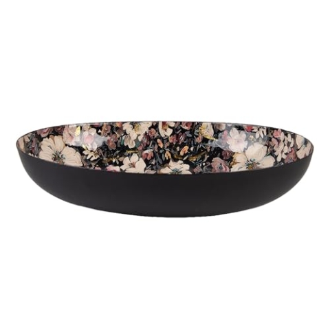 Clayre & Eef Dekoration Schale 34x27x7 cm Schwarz Beige Metall Oval Blumen