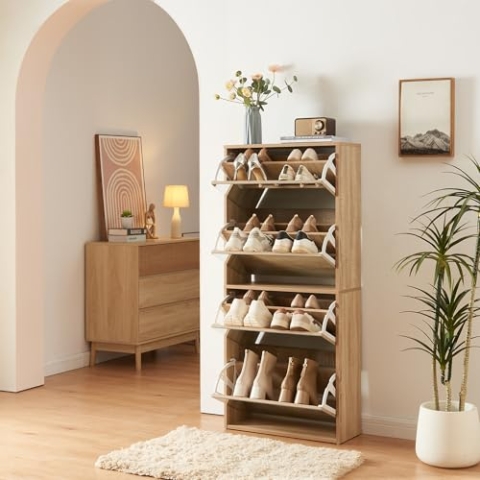 [en.casa] Schuhschrank Lund Schuhkipper mit 4 Klappen verspiegelt Schuhkommode für 16 Paar Schuhe 134 x 60 x 24 cm Sonoma-Eichenoptik