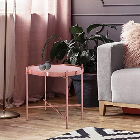 WOMO-DESIGN Beistelltisch Ø43x45 cm Unikat in Kupfer aus Metall und Glas, Design Wohnzimmertisch mit Glasplatte und Metallgestell, Runder Couchtisch, Moderner Glastisch, Edler Sofatisch, Lounge Tisch