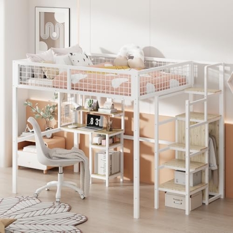 OKYION Etagenbett Kinderbett 140x200cm mit Eisenrahmen, Hochbett mit Rausfallschutz und Lattenrost, Metallbett Stockbett mit Kleiderschrank und Computertisch, Jugendbett Bettgestell, Weiß