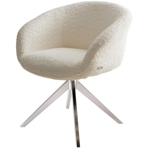 DELIFE Esszimmerstuhl Vinka-Flex mit Armlehnen Kreuzgestell breit Edelstahl Bouclé Weiß 360° drehbar Taschenfederkern