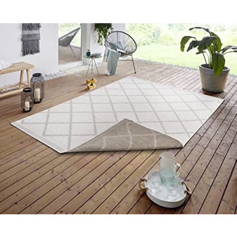 NORTHRUGS In- und Outdoor Teppich Corsica 80x150cm - Wendeteppich Wetterfest Modern Geometrisches Muster Teppich für Balkon Terrasse Garten Wintergarten Wohnzimmerteppich Wasserfest in Linen