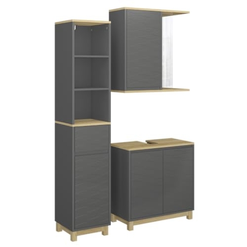 Vicco Badmöbel-Set Livia, Anthrazit/Eiche, 3 Teile, mit Hochschrank