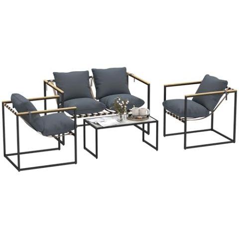 Outsunny Stahl Gartenmöbel Set 4 Personen wetterfest Balkonmöbel-Set mit 2er Sofa 2 Sessel, Sitzkissen, Beistelltisch, Outdoor Sitzgruppe Terrassenmöbel Gartengarnitur für Garten Terrasse Balkon Grau