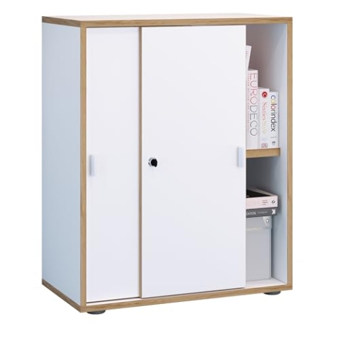 VCM Büroschrank mit 2 Fächern | moderner Aktenschrank mit Schiebetüren | Maße H. 74 x B. 60 x T. 37 cm – Salia 2-Fach Weiß