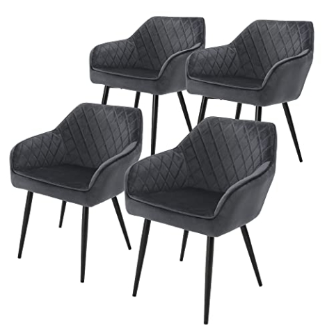 ML-Design 4er Set Esszimmerstühle mit Armlehne und Rückenlehne, Anthrazit, Küchenstuhl mit Samtbezug, Polsterstuhl mit Metallbeinen, Ergonomischer Stuhl für Esstisch, Esszimmerstuhl Wohnzimmerstuhl